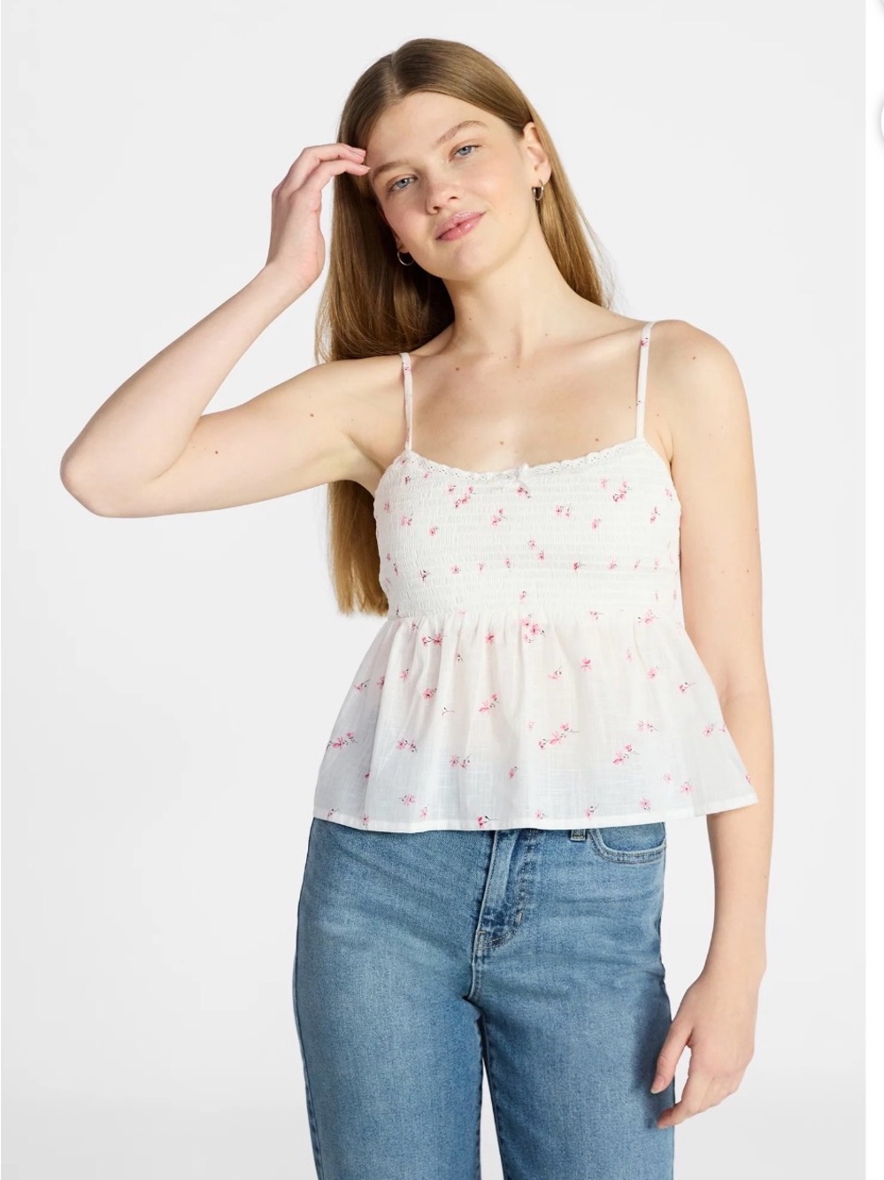 No Boundaries Winter White Cotton Smocked Adjustable Straps Babydoll Cami